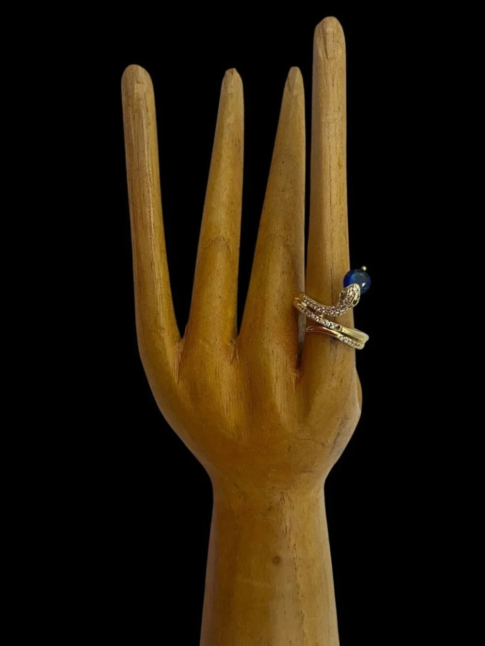 New Artisan Gold Filled Snake Adjustable Ring Blue Rhinestone in Mouth Whimsical